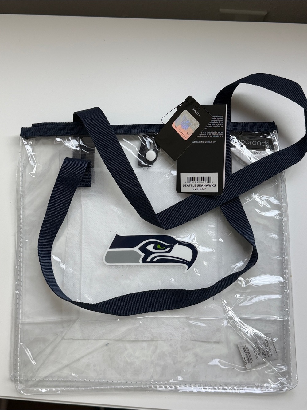 NFL Game Ready Clear Seattle Seahawks Crossbody Bag with Navy Trim and Strap